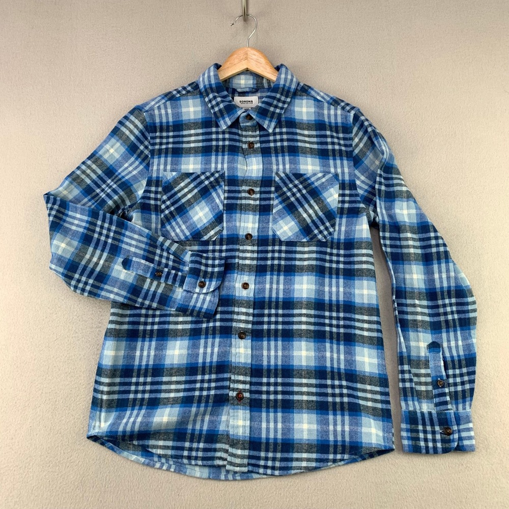 Sonoma Flannel Shirt Womens Large Blue Plaid Long Sleeve Cotton Button Up
